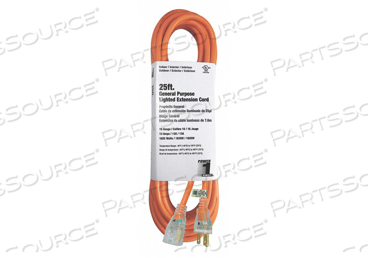 EXTENSION CORD, LOCATION OUTDOOR, CORD LENGTH 25 FT, WIRE SIZE 16 AWG, MAX. AMPS 13 A, VOLTAGE 125V AC, PLUG CONFIGURATION NEMA 5-15P, RECEP by Power First EXTENSION CORD, LOCATION OUTDOOR, CORD LENGTH 25 FT, WIRE SIZE 16 AWG, MAX. AMPS 13 A, VOLTAGE 125V AC, PLUG CONFIGURATION NEMA 5-15P, RECEP by Power First