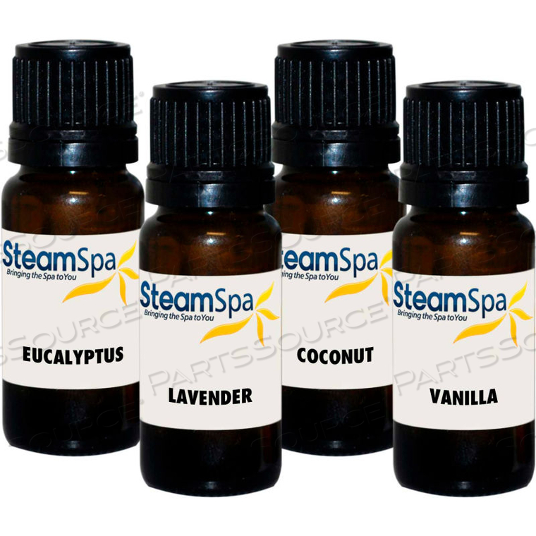 STEAMSPA ESSENTIAL ESSENCE PACK, 4-10ML BOTTLES FOR STEAMBATHS 