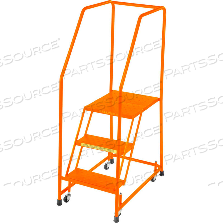 PERFORATED 16"W 3 STEP STEEL ROLLING LADDER 20"D TOP STEP W/ HANDRAILS - ORANGE by Ballymore PERFORATED 16"W 3 STEP STEEL ROLLING LADDER 20"D TOP STEP W/ HANDRAILS - ORANGE by Ballymore