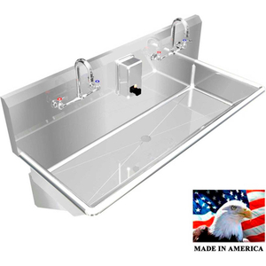 STAINLESS STEEL SINK, 2 STATION W/MANUAL FAUCETS WALL MOUNTED 48" L X 20" W X 8" D by Best Sheet Metal, Inc.