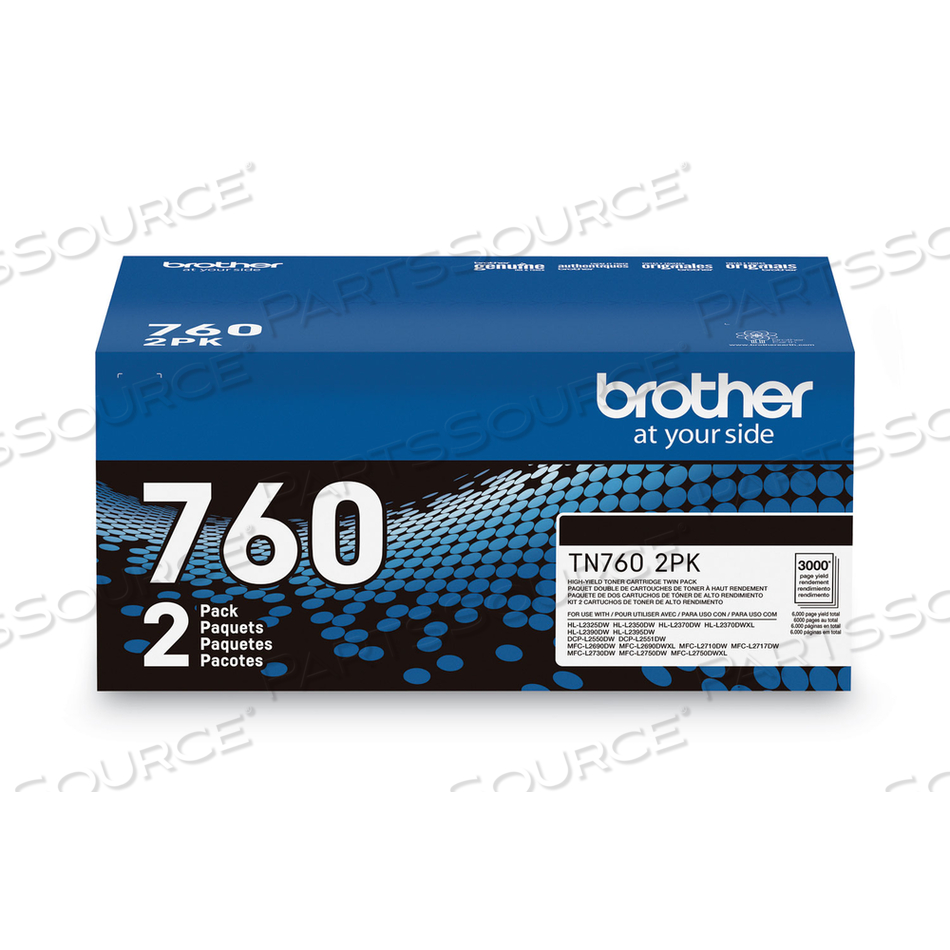 TN760 2PK, 2-PACK, HIGH YIELD, BLACK, ORIGINAL, TONER CARTRIDGE, FOR DCP-L2550, HL-L2325, L2370, L2390, L2395, MFC-L2717, L2730, L2750, RHL- by Brother