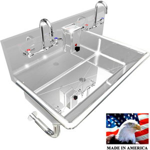 COMMERCIAL STAINLESS STEEL SINK, 2 USERS W/MANUAL FAUCETS, WALL MOUNTED 36"L X 20"W X 8"D by Best Sheet Metal, Inc.