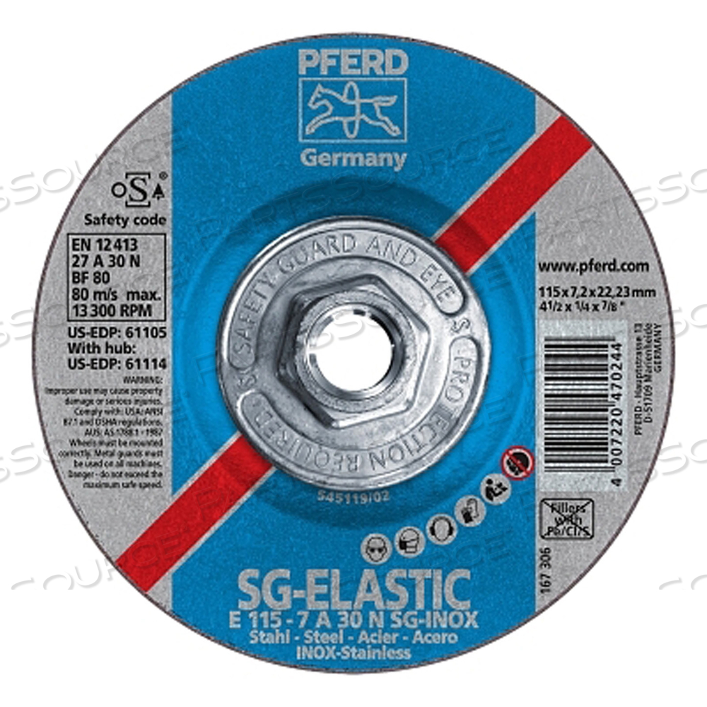 PREMIUM PERFORMANCE SG-INOX WHEEL, TYPE 27, 4-1/2 IN DIA, 1/4 THICK, 5/8 IN-11 ARBOR, 30 GRIT, ALUMINUM OXIDE by Pferd