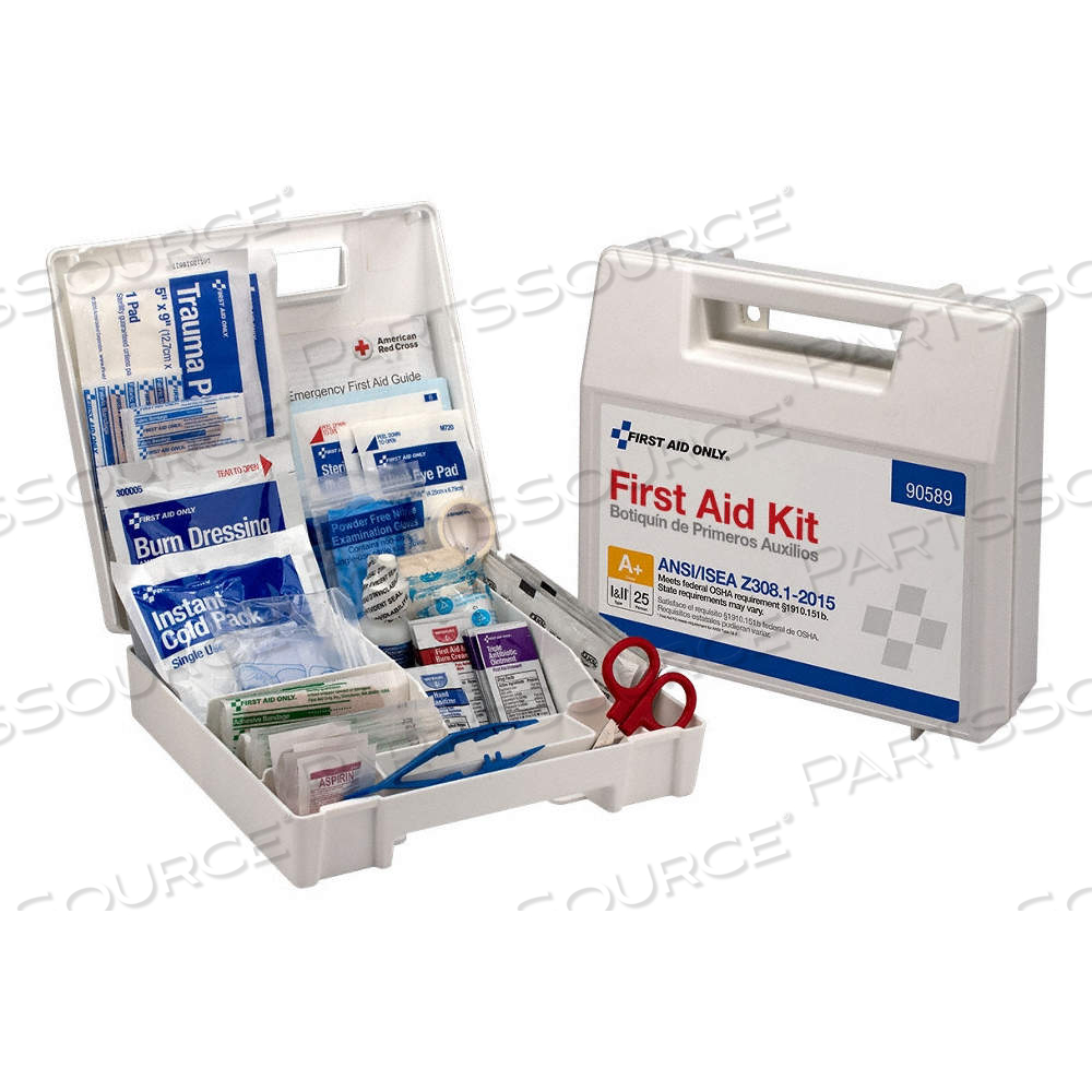 FIRST AID KIT AND HOUSING, 141 COMPONENTS, ANSI/ISEA Z308.1-2015, TYPE I/II, CLASS A by Approved Vendor