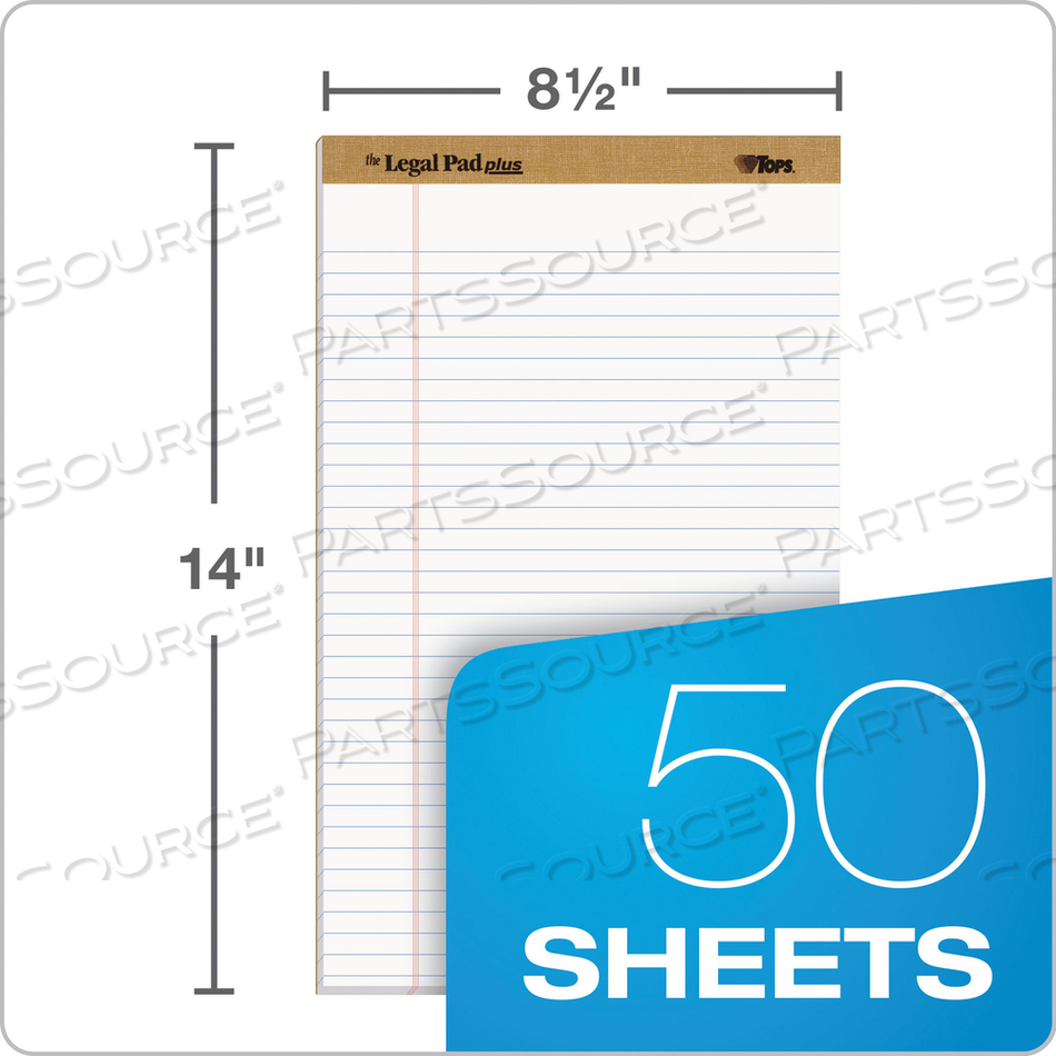"THE LEGAL PAD" PLUS RULED PERFORATED PADS WITH 40 PT. BACK, WIDE/LEGAL RULE, 50 WHITE 8.5 X 14 SHEETS, DOZEN 