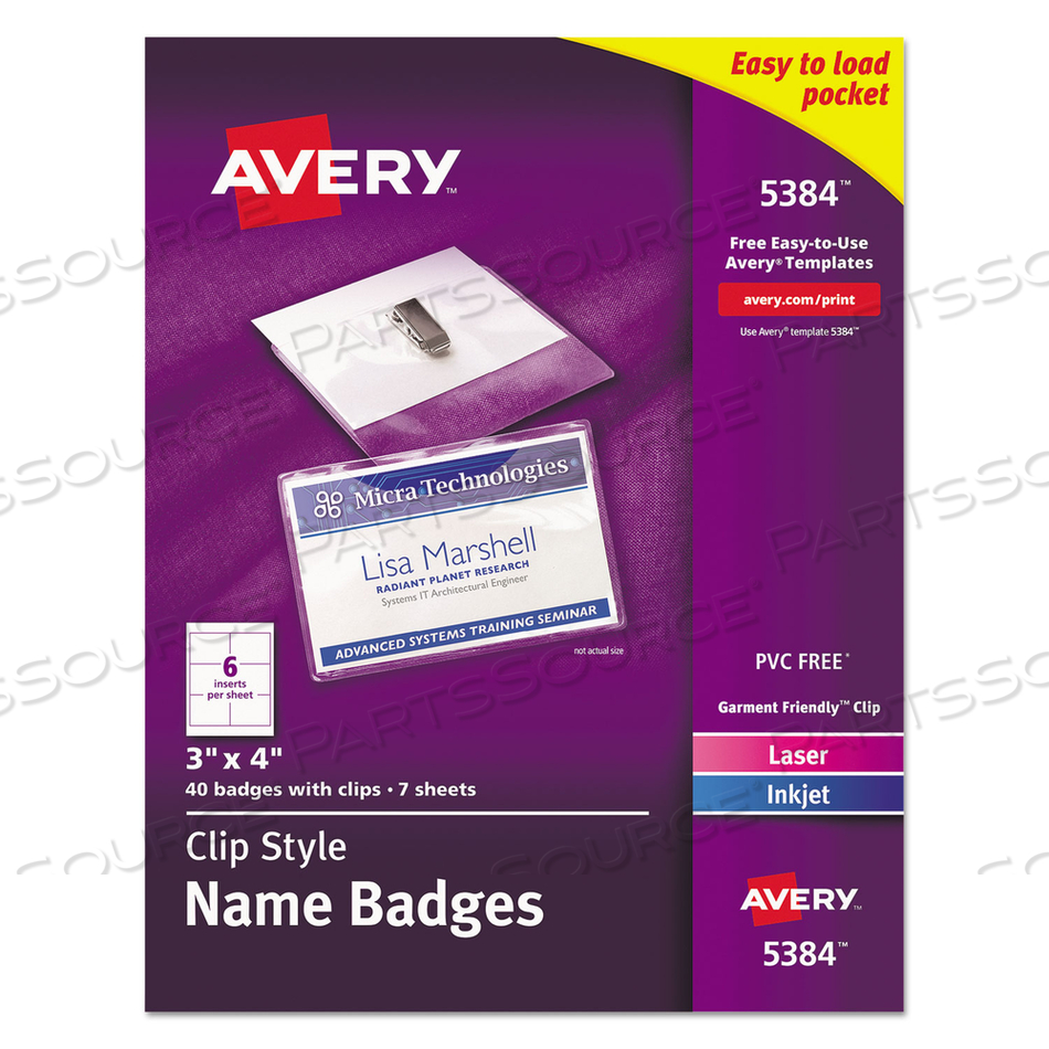 CLIP-STYLE NAME BADGE HOLDER WITH LASER/INKJET INSERT, TOP LOAD, 4 X 3, WHITE by Avery CLIP-STYLE NAME BADGE HOLDER WITH LASER/INKJET INSERT, TOP LOAD, 4 X 3, WHITE by Avery
