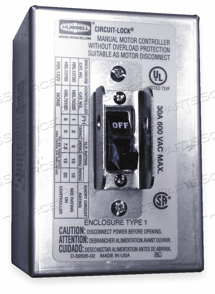 MANUAL MOTOR SWITCH 30A 600VAC 2P by Hubbell Incorporated, Wiring Device-Kellums MANUAL MOTOR SWITCH 30A 600VAC 2P by Hubbell Incorporated, Wiring Device-Kellums