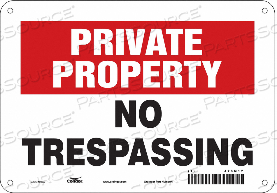 SAFETY SIGN, VERTICAL RECTANGLE, NUMBER OF PRINTED SIDES 1, ENGLISH, SIGN FORMAT OTHER FORMAT, SIGN LEGEND NO TRESPASSING, SIGN LEGEND BACKG by Condor