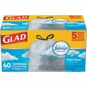 ODORSHIELD TALL KITCHEN DRAWSTRING BAGS, 13 GAL, 0.78 MIL, 24" X 27.38", WHITE by Glad
