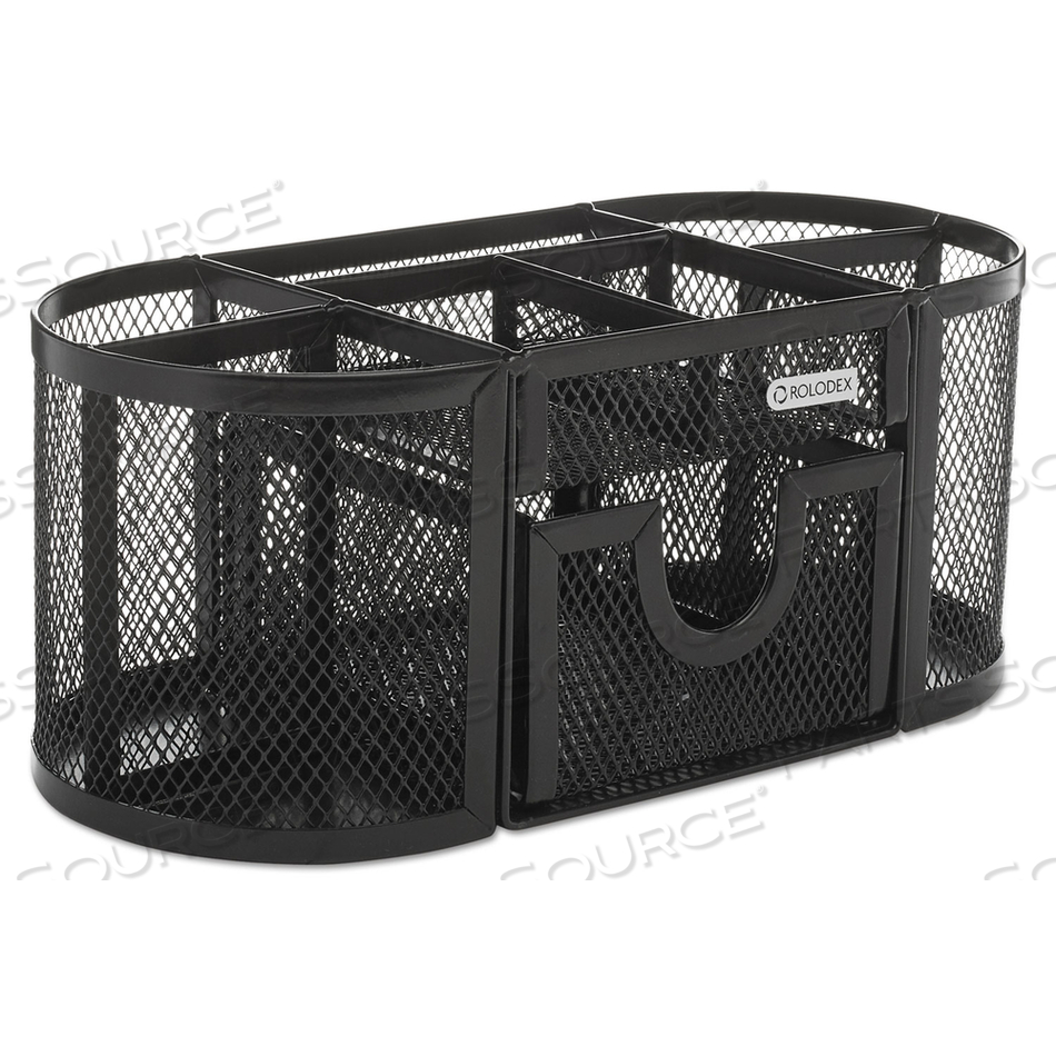 MESH OVAL PENCIL CUP ORGANIZER, 4 COMPARTMENTS, STEEL, 9.38 X 4.5 X 4, BLACK 