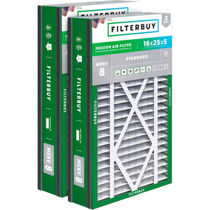 FILTERBUY 16X25X5 AIR FILTER MERV 8 DUST DEFENSE (2-PACK), PLEATED HVAC AC FURNACE AIR FILTERS REPLACEMENT FOR TRION AIR BEAR 255649-105 AND MORE (ACTUAL SIZE: 15.63 X 24.13 X 4.88 INCHES) by Filterbuy, Inc.