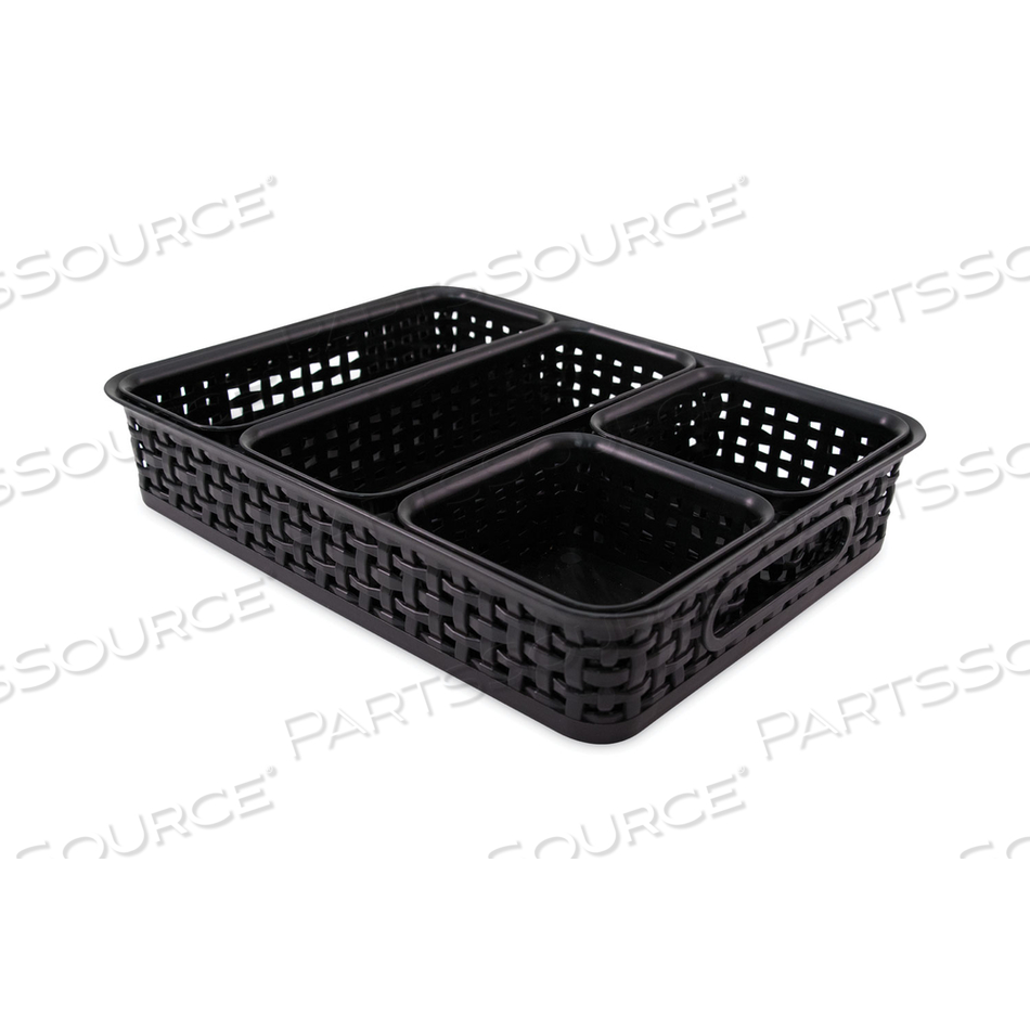 PLASTIC WEAVE BIN, DESK ORGANIZATION SET, 13.8" X 10.1" X 4.68", BLACK, 5/PACK 