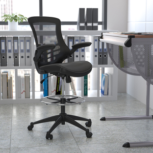 KELISTA MID-BACK BLACK MESH ERGONOMIC DRAFTING CHAIR WITH LEATHERSOFT SEAT, ADJUSTABLE FOOT RING AND FLIP-UP ARMS by Flash Furniture