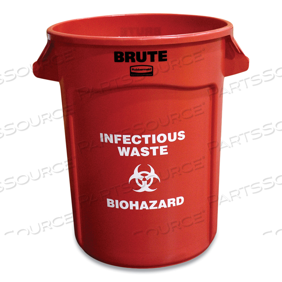 VENTED ROUND BRUTE CONTAINER, "INFECTIOUS WASTE: BIOHAZARD" IMPRINT, 32 GAL, PLASTIC, RED by Rubbermaid Medical Division