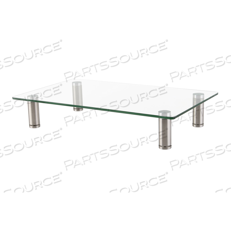 ADJUSTABLE TEMPERED GLASS MONITOR RISER, 15.75" X 9.5" X 3" TO 3.5", CLEAR/SILVER, SUPPORTS 44 LBS 