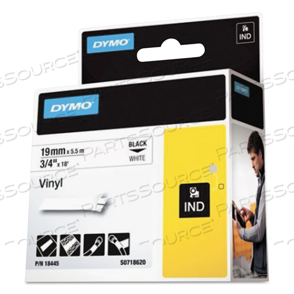 RHINO PERMANENT VINYL INDUSTRIAL LABEL TAPE, 0.75" X 18 FT, WHITE/BLACK PRINT by Dymo