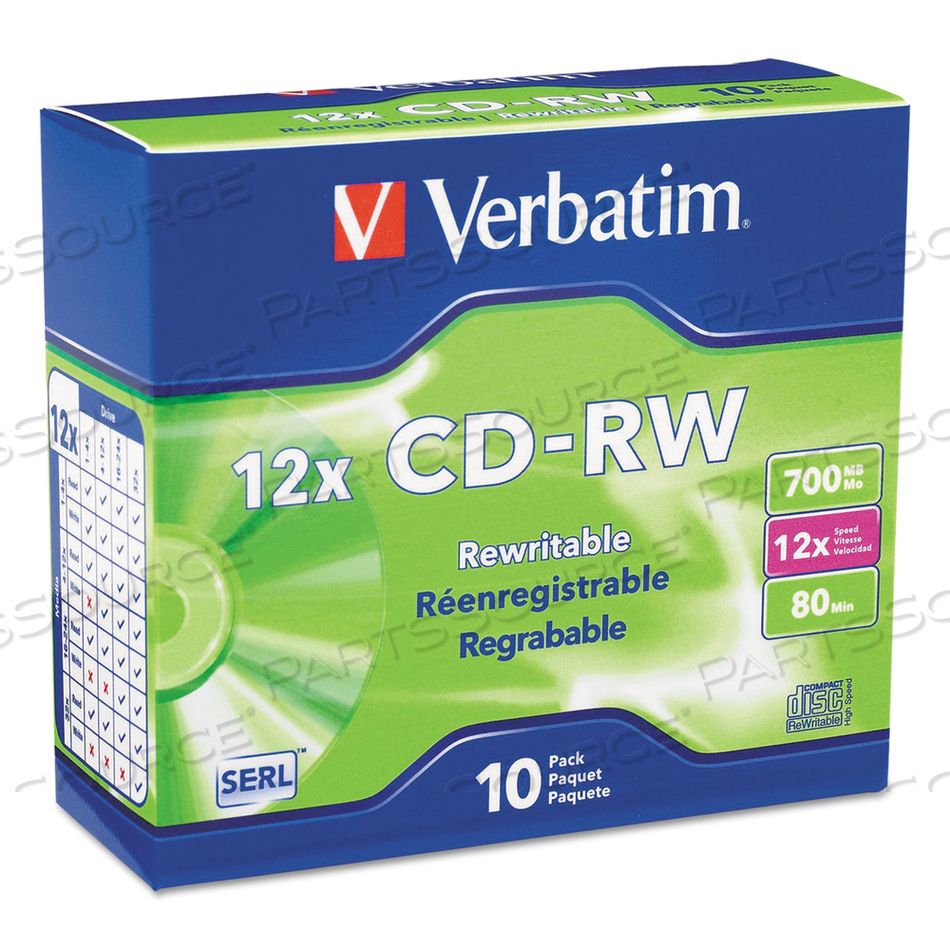 CD-RW HIGH-SPEED REWRITABLE DISC, 700 MB/80 MIN, 12X, SLIM JEWEL CASE, SILVER by Verbatim CD-RW HIGH-SPEED REWRITABLE DISC, 700 MB/80 MIN, 12X, SLIM JEWEL CASE, SILVER by Verbatim