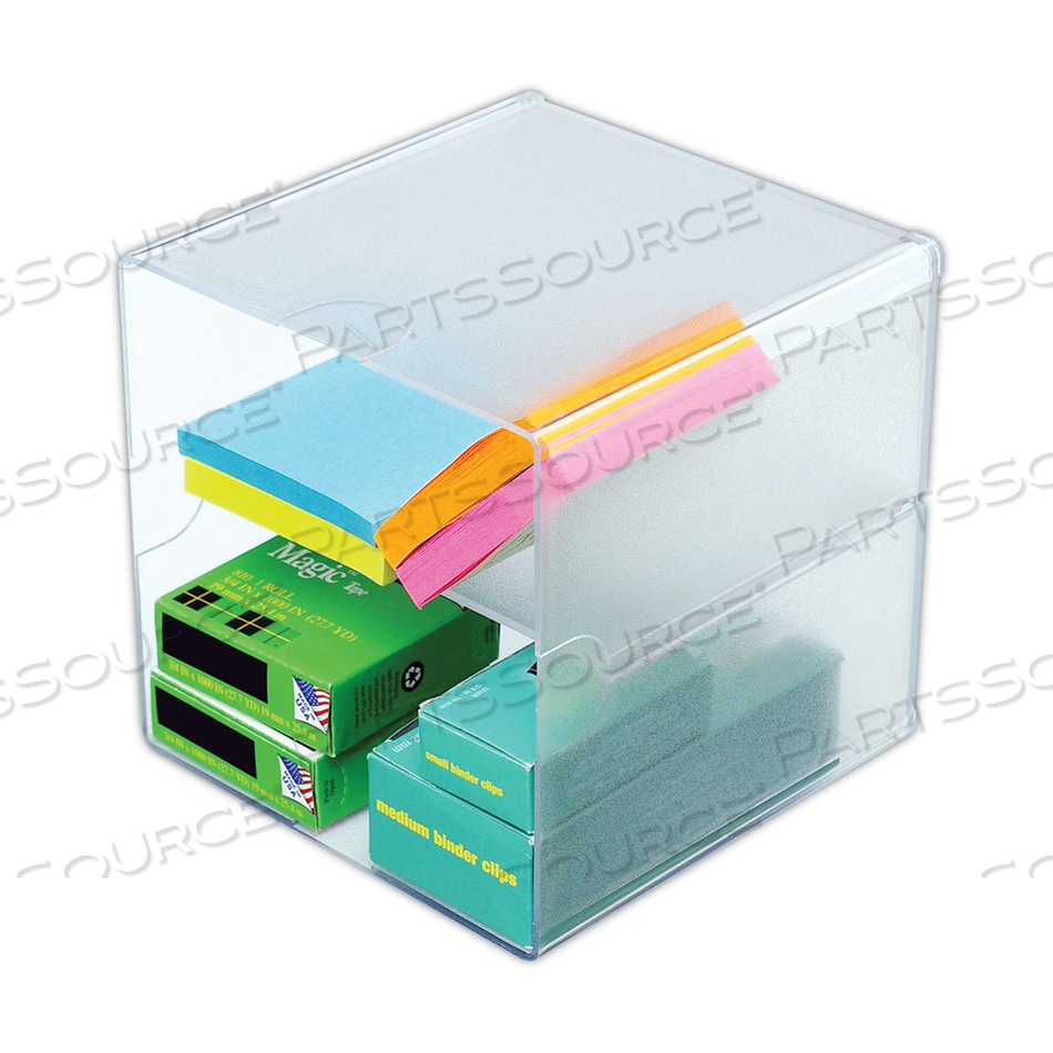 STACKABLE CUBE ORGANIZER, DIVIDED, 2 COMPARTMENTS, PLASTIC, 6 X 6 X 6, CLEAR by Deflecto