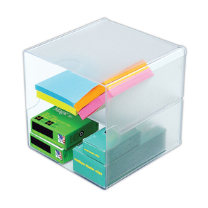 STACKABLE CUBE ORGANIZER, DIVIDED, 2 COMPARTMENTS, PLASTIC, 6 X 6 X 6, CLEAR by Deflecto