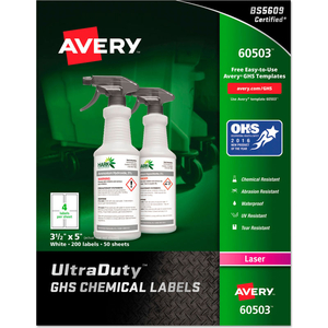GHS CHEMICAL WATERPROOF & UV RESISTENT LABELS, LASER, 3-1/2" X 5", 200/BOX by Avery