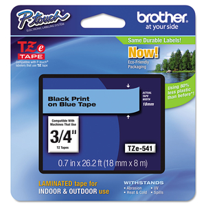 TZE STANDARD ADHESIVE LAMINATED LABELING TAPE, 0.7" X 26.2 FT, BLACK ON BLUE by Brother