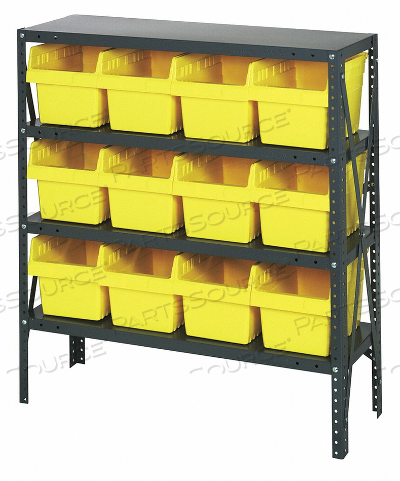 1239-SB807 STEEL SHELVING WITH 12 8"H PLASTIC SHELF BINS YELLOW, 36X12X39-SB4 SHELVES by Quantum Storage Systems 1239-SB807 STEEL SHELVING WITH 12 8"H PLASTIC SHELF BINS YELLOW, 36X12X39-SB4 SHELVES by Quantum Storage Systems