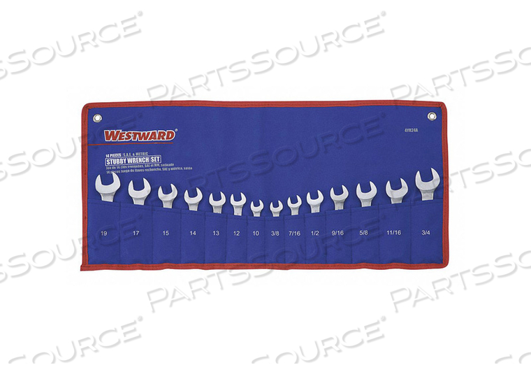 COMBINATION WRENCH SET, ALLOY STEEL, SATIN, NUMBER OF TOOLS 14, RANGE OF HEAD SIZES 10 MM TO 19 MM, 3/8 IN TO 3/4 IN, HEAD OFFSET ANGLE 15 D by Westward COMBINATION WRENCH SET, ALLOY STEEL, SATIN, NUMBER OF TOOLS 14, RANGE OF HEAD SIZES 10 MM TO 19 MM, 3/8 IN TO 3/4 IN, HEAD OFFSET ANGLE 15 D by Westward
