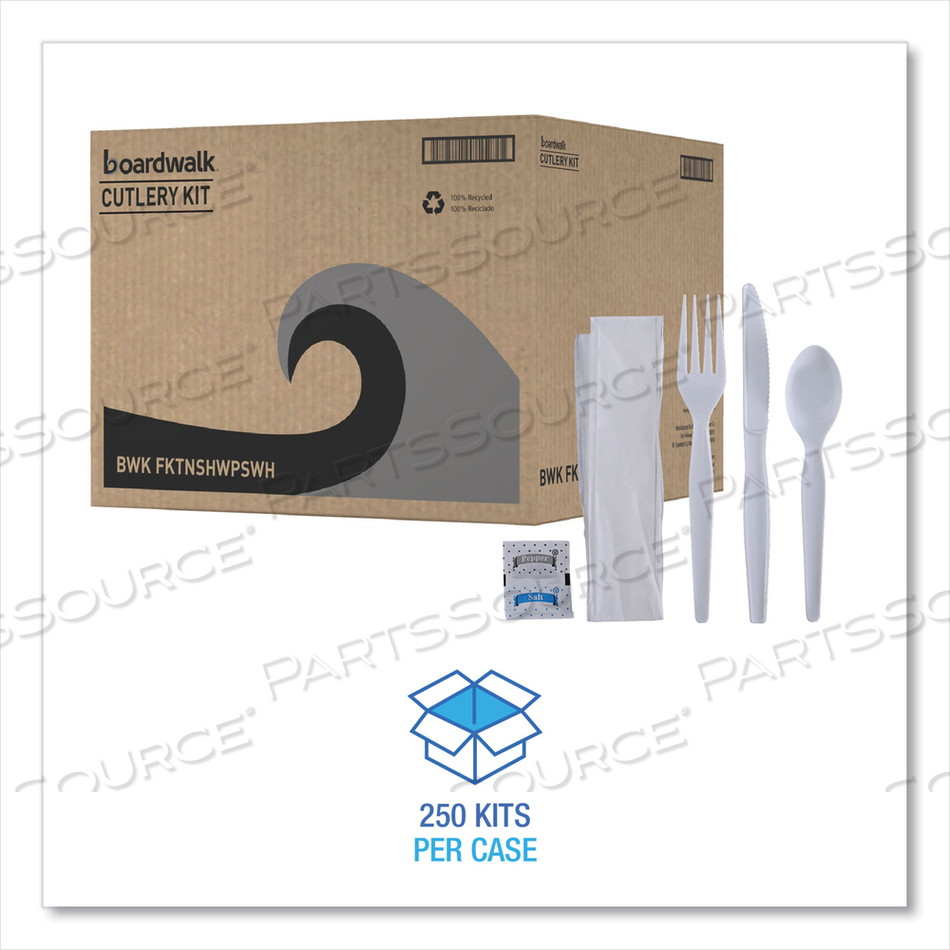 DISPOSABLE CUTLERY SET, WHITE, POLYSTYRENE, WRAPPED by Boardwalk