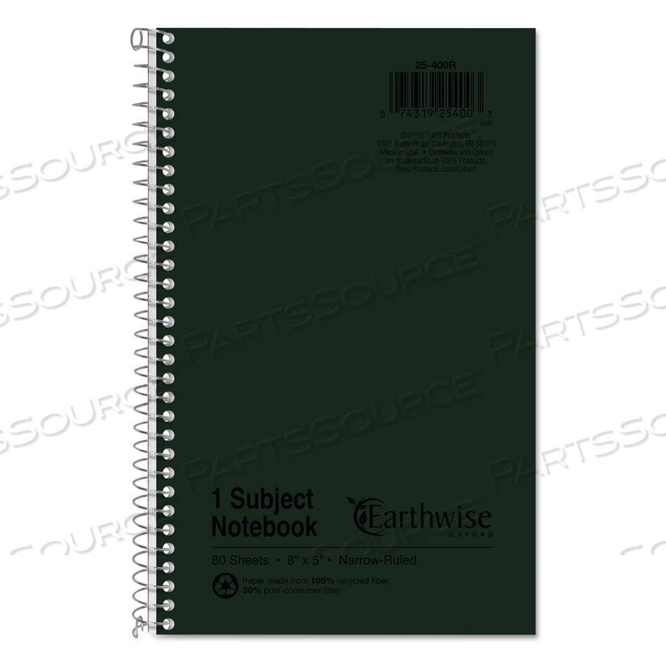 EARTHWISE BY OXFORD RECYCLED ONE-SUBJECT NOTEBOOK, NARROW RULE, GREEN COVER, 8 X 5, 80 SHEETS by Oxford EARTHWISE BY OXFORD RECYCLED ONE-SUBJECT NOTEBOOK, NARROW RULE, GREEN COVER, 8 X 5, 80 SHEETS by Oxford