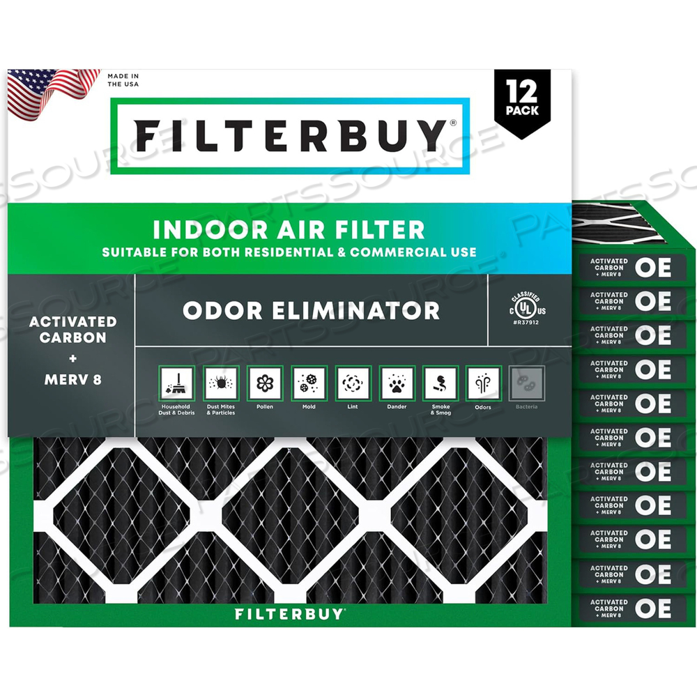 FILTERBUY 16X16X1 AIR FILTER MERV 8 ODOR ELIMINATOR (12-PACK), PLEATED HVAC AC FURNACE AIR FILTERS REPLACEMENT WITH ACTIVATED CARBON (ACTUAL SIZE: 15.75 X 15.75 X 0.75 INCHES) 