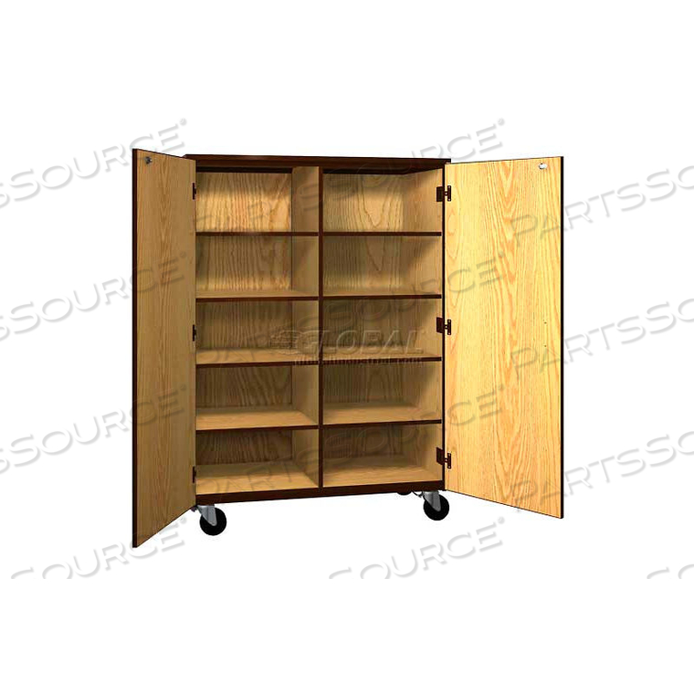 MOBILE WOOD CUBICLE CABINET, 8 SHELVES W/LOCKS, SOLID DOOR, 48 X 22-1/4 X 66, OILED CHERRY/BLACK 