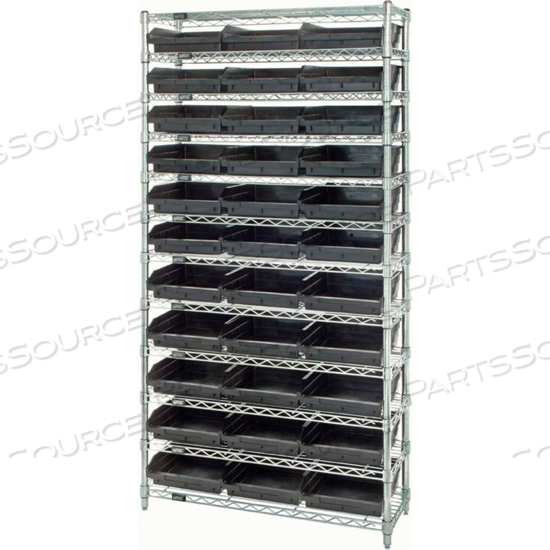 STEEL WIRE SHELVING WITH 33 CONDUCTIVE 4"H BINS BLACK - 12 SHELVES - 36"W X 12"D X 74"H by Quantum Storage Systems STEEL WIRE SHELVING WITH 33 CONDUCTIVE 4"H BINS BLACK - 12 SHELVES - 36"W X 12"D X 74"H by Quantum Storage Systems