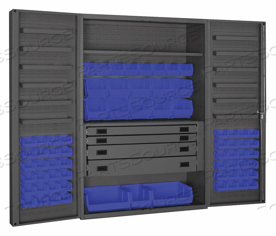 HEAVY DUTY WORK BIN CABINET DCBDLP694RDR DEEP POCKET DOORS - 4 DRAWERS 69 BLUE BINS 48X24X78 by Durham Manufacturing Company HEAVY DUTY WORK BIN CABINET DCBDLP694RDR DEEP POCKET DOORS - 4 DRAWERS 69 BLUE BINS 48X24X78 by Durham Manufacturing Company