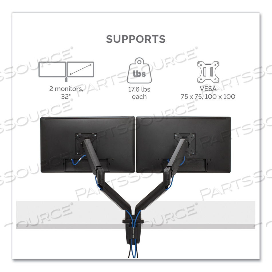 PLATINUM SERIES DUAL MONITOR ARM FOR 27" MONITORS, 360 DEG ROTATION, +85 DEG/-20 DEG TILT, 360 DEG PAN, BLACK, SUPPORTS 20 LB PLATINUM SERIES DUAL MONITOR ARM FOR 27" MONITORS, 360 DEG ROTATION, +85 DEG/-20 DEG TILT, 360 DEG PAN, BLACK, SUPPORTS 20 LB