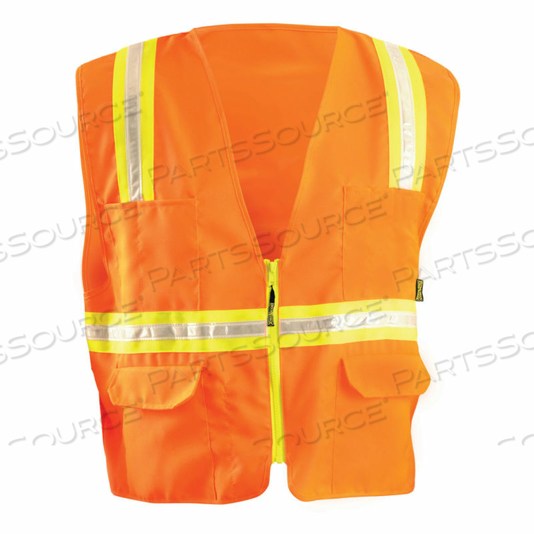 TWO-TONE SURVEYOR STYLE VEST WITH HOOK & LOOP, POLYESTER TRICOT, ORANGE, CLASS 2 - MEDIUM 