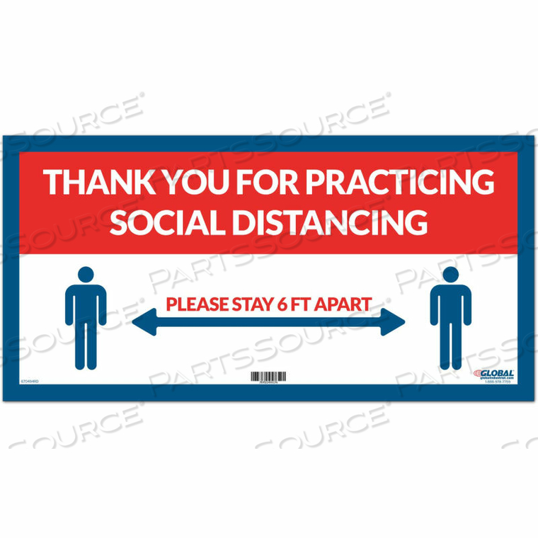 RED THANK YOU FOR SOCIAL DISTANCING SIGN, 24"W X 12"H, ADHESIVE VINYL by The Magnet Group