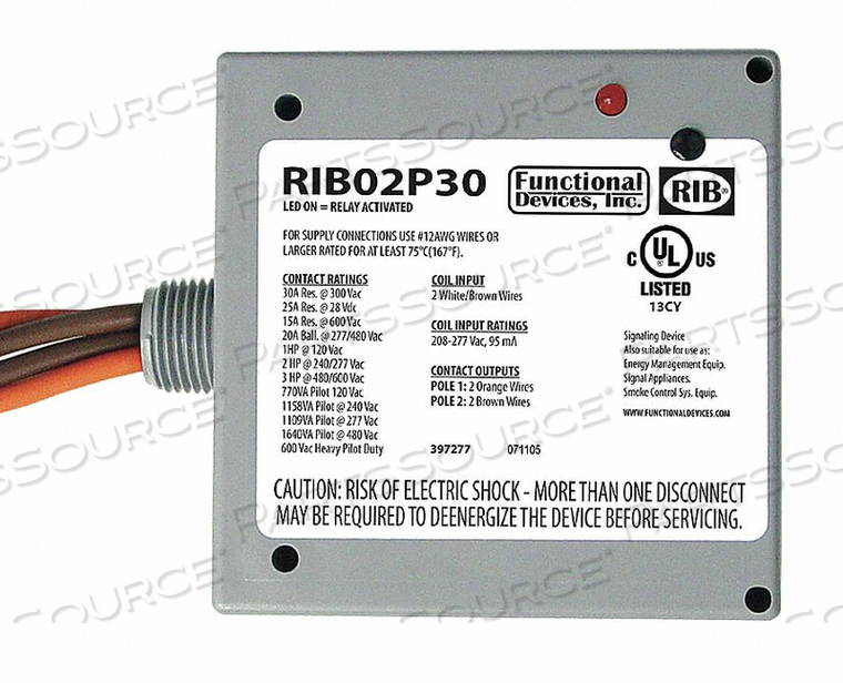 PREWIRED RELAY 208-277VAC 30A DPST-NO by RIB PREWIRED RELAY 208-277VAC 30A DPST-NO by RIB