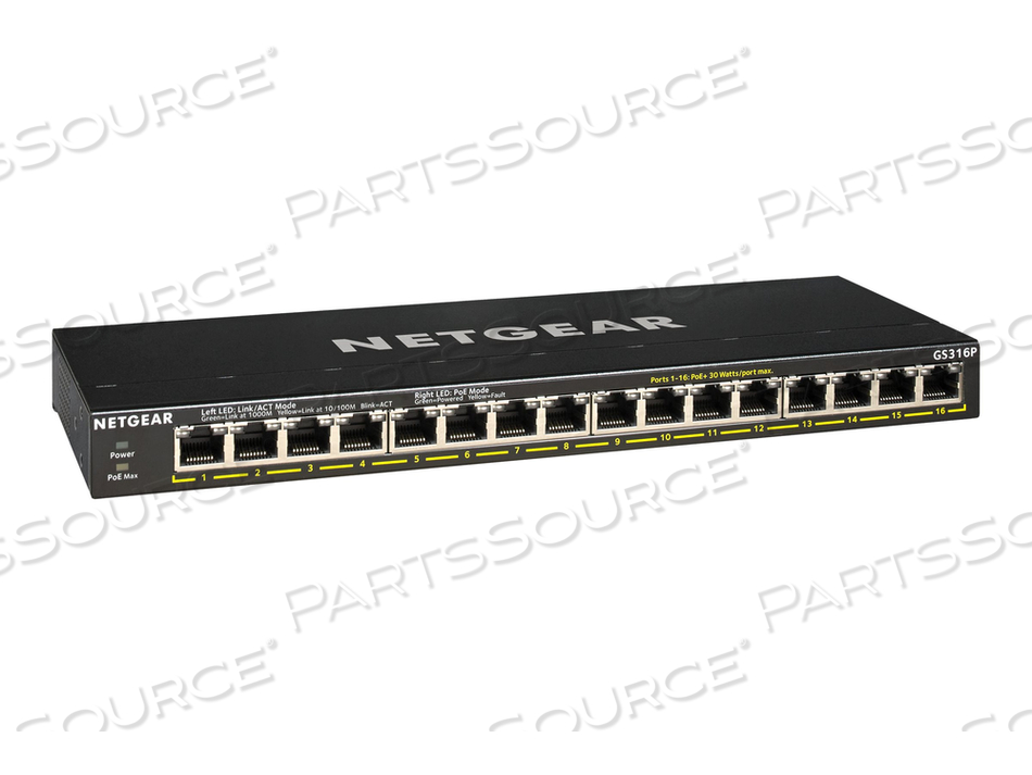 GS316PP, SWITCH, UNMANAGED, 16 X 10/100/1000 (POE+), DESKTOP, WALL-MOUNTABLE, POE+ (183 W) by Netgear
