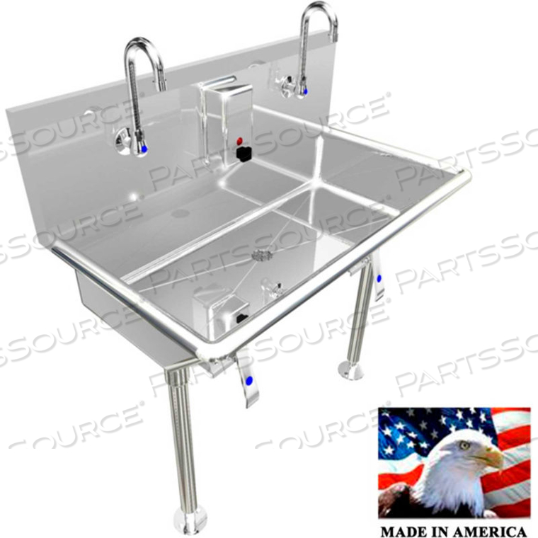 STAINLESS STEEL SINK, 2 USER W/KNEE VALVE OPERATED FAUCETS STRAIGHT LEGS 36"L X 20"W X 8"D by Best Sheet Metal, Inc.