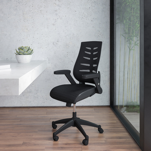 KALE HIGH BACK DESIGNER BLACK MESH EXECUTIVE SWIVEL ERGONOMIC OFFICE CHAIR WITH HEIGHT ADJUSTABLE FLIP-UP ARMS by Flash Furniture KALE HIGH BACK DESIGNER BLACK MESH EXECUTIVE SWIVEL ERGONOMIC OFFICE CHAIR WITH HEIGHT ADJUSTABLE FLIP-UP ARMS by Flash Furniture