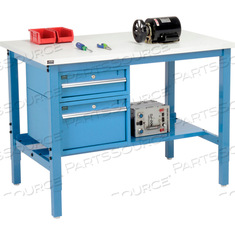 48"W X 30"D PRODUCTION WORKBENCH - ESD SQUARE EDGE - DRAWERS & SHELF - BLUE by Approved Vendor