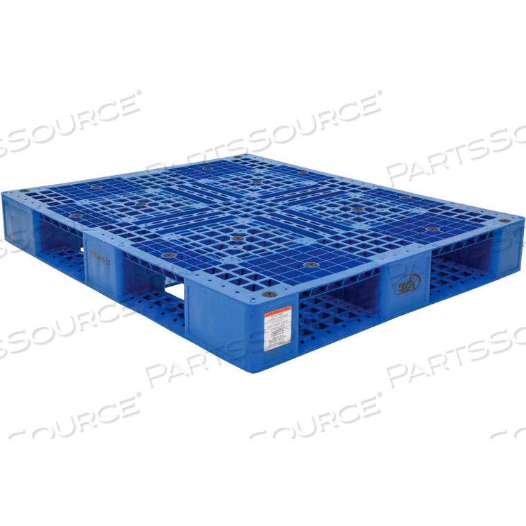 STACKABLE PLASTIC PALLET 47-3/8X39-1/2X6, 6600 LB FLOOR & 2200 LB FORK CAP., BLUE by Vestil Manufacturing Corp. STACKABLE PLASTIC PALLET 47-3/8X39-1/2X6, 6600 LB FLOOR & 2200 LB FORK CAP., BLUE by Vestil Manufacturing Corp.