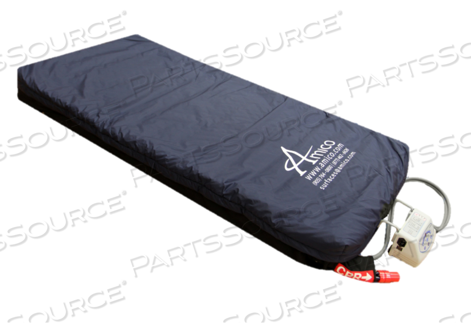 AMICO AURA SERIES PULSATION LOW AIR LOSS POWERED MATTRESS CAN SUPPORT PATIENTS WEIGHING UP TO 1000 LBS, WITH RAPID 30-SECOND PULSES OF PRESSURE THERAPY TO ENCOURAGE PROPER CIRCULATION OF BLOOD THROUGHOUT PATIENTS' BODIES, THREE-LAYER SYSTEM ALSO FEATURES LOW FRICTION, VAPOR- 