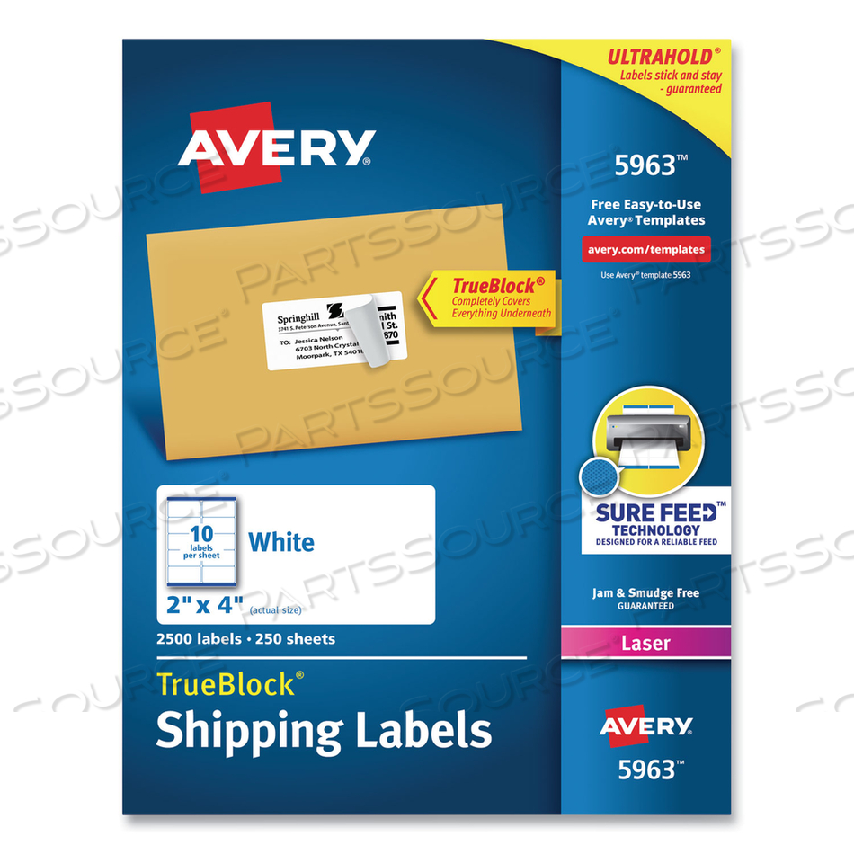 SHIPPING LABELS W/ TRUEBLOCK TECHNOLOGY, LASER PRINTERS, 2 X 4, WHITE, 10/SHEET by Avery