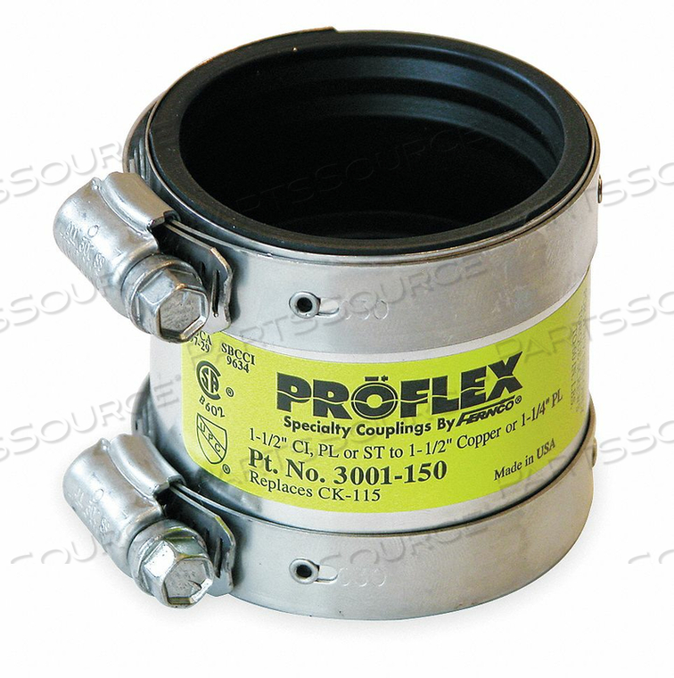 SHIELDED TRANSITION COUPLING, NEOPRENE, FOR 1 1/2 IN PIPE, 2 1/8 IN OVERALL LG, 2 CLAMPS INCLUDED by Fernco