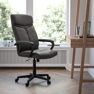 RAYA HIGH BACK BLACK LEATHERSOFT EXECUTIVE SWIVEL OFFICE CHAIR WITH SLIGHT MESH ACCENT AND ARMS by Flash Furniture