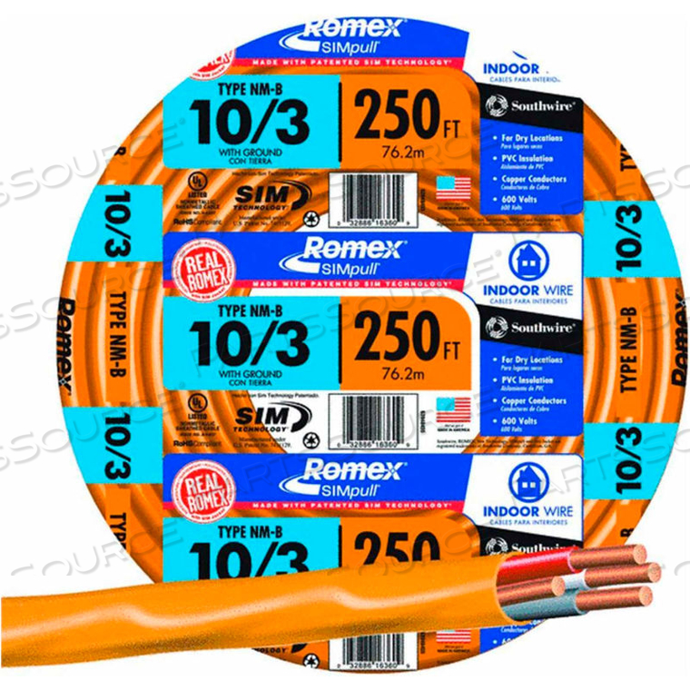 ROMEX SIMPULL CABLE WITH GROUND, ORANGE, 10/3 AWG, 250 FT by Southwire Company, LLC