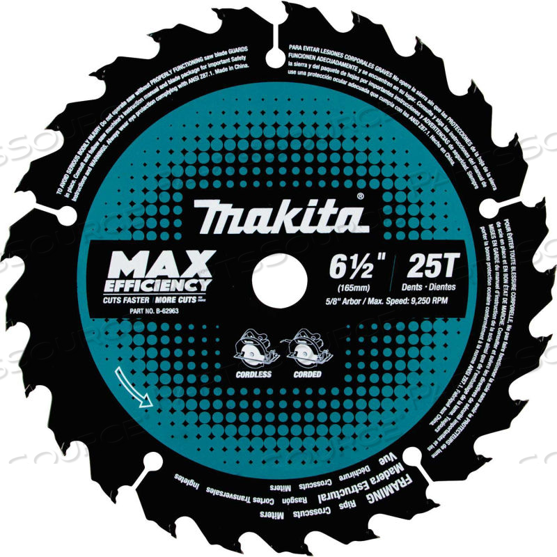 CARBIDE-TIPPED MAX EFFCY ULTRA-THIN KERF CIRCULAR SAW BLADE, FRAMING, 6-1/2"DIA, 25 TPI by Makita CARBIDE-TIPPED MAX EFFCY ULTRA-THIN KERF CIRCULAR SAW BLADE, FRAMING, 6-1/2"DIA, 25 TPI by Makita