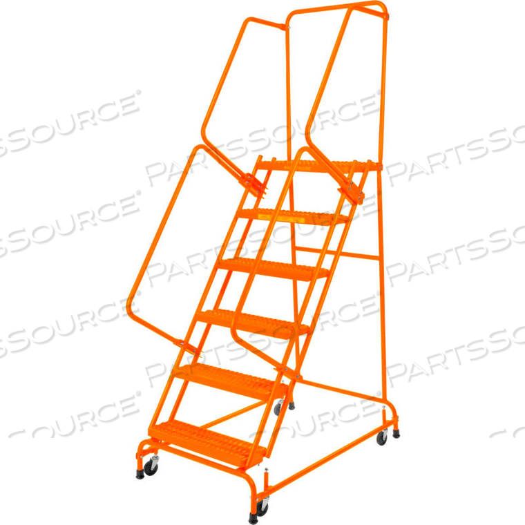 PERFORATED 24"W 5 STEP STEEL ROLLING LADDER 14"D TOP STEP W/ HANDRAILS - ORANGE 