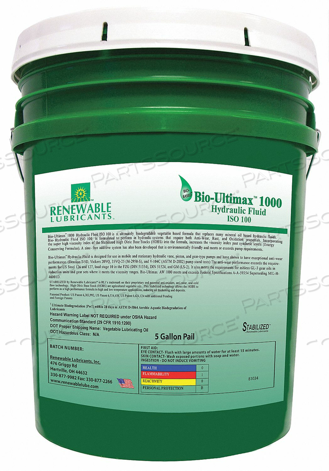 BIODEGRADABLE HYDRAULIC OIL 5 GAL by Renewable Lubricants BIODEGRADABLE HYDRAULIC OIL 5 GAL by Renewable Lubricants